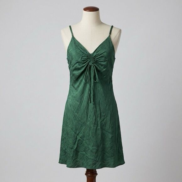 Bond 73 Dresses & Skirts - Bond 73 Silk Blend Emerald Green Ruched Tie Bust Slip Dress Y2K Fairy Grunge M